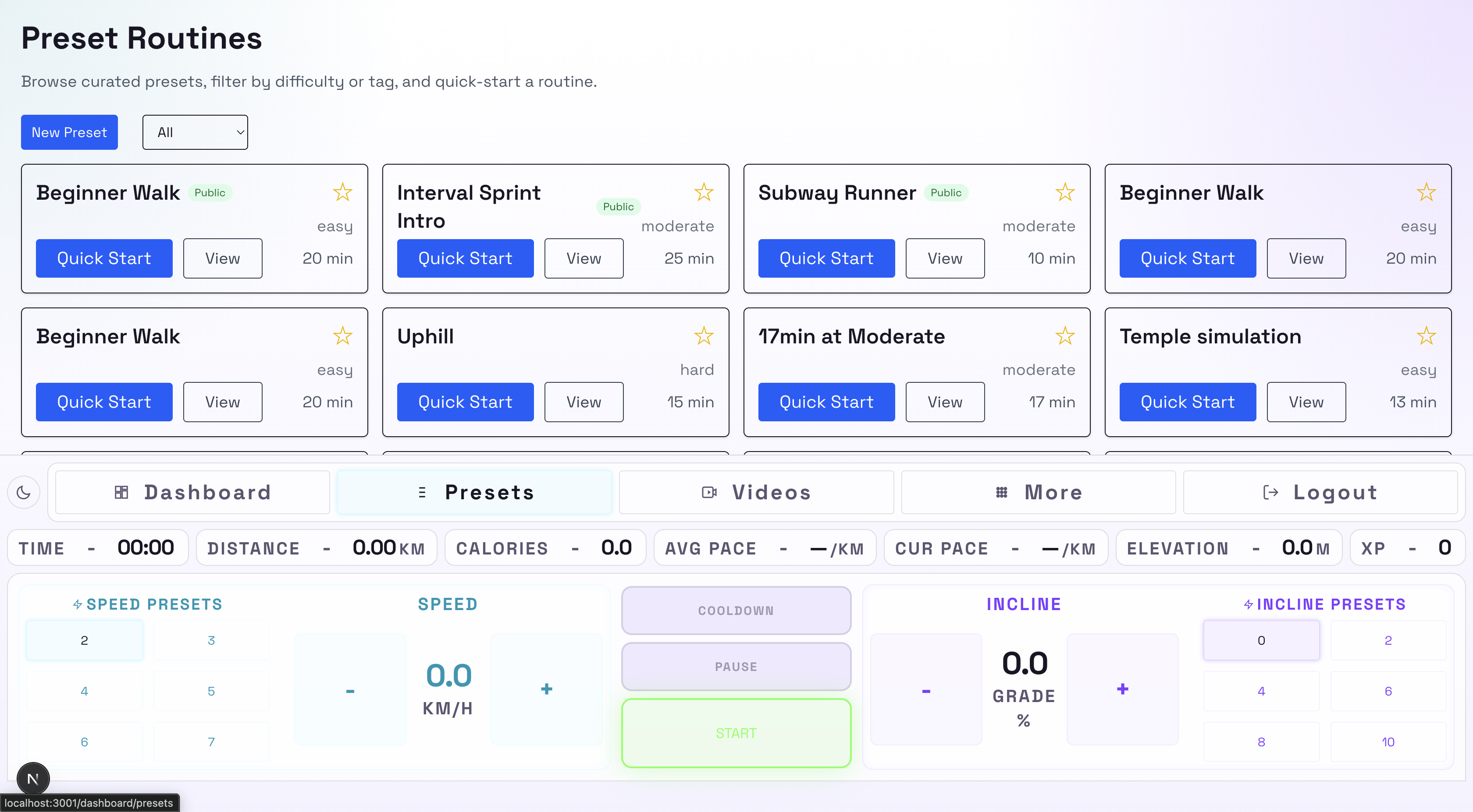 Smart Treadmill - Preset Page